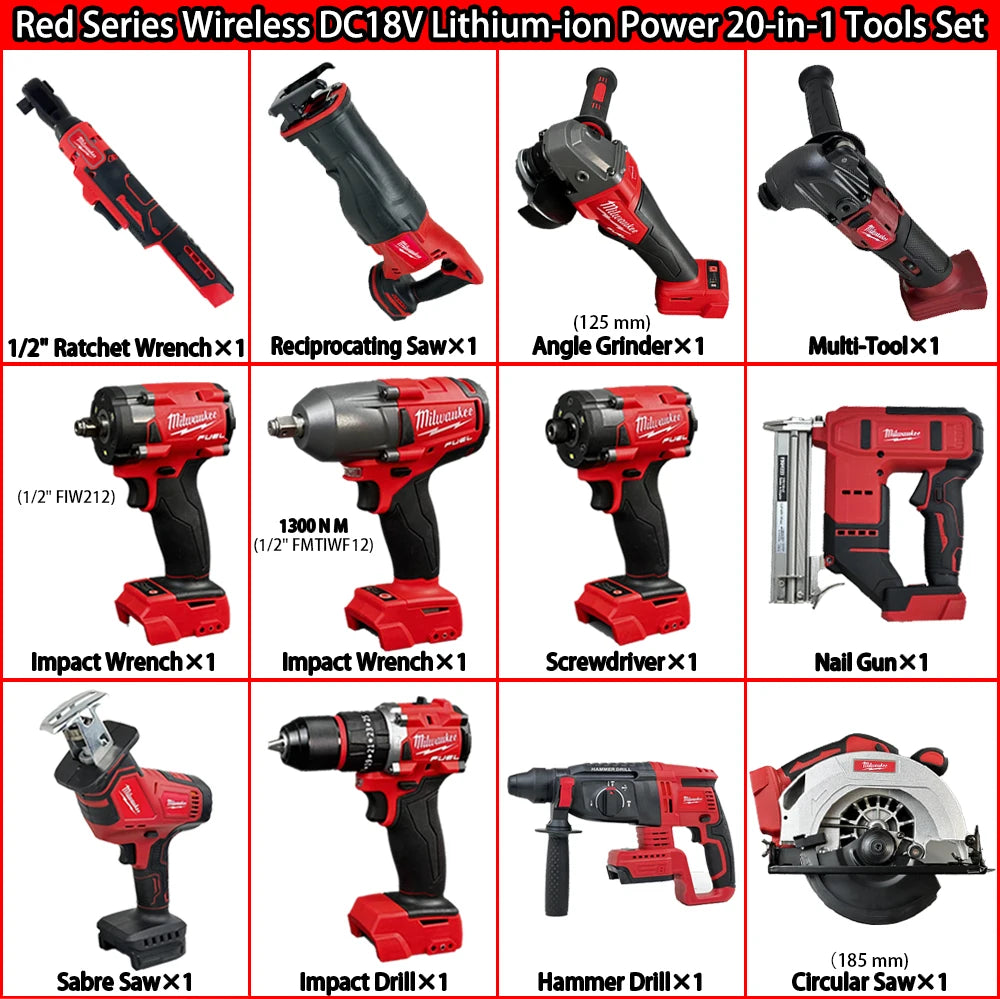 Professional Grade Milwaukee M18 Cordless Power Tool Set with 5 Batteries Charger for Construction Industrial Tool Combo Kit