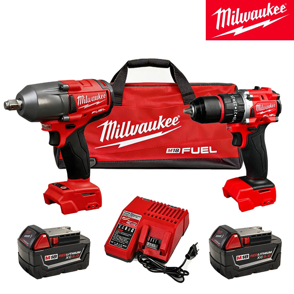 Milwaukee 18V Impact Wrench & Drill Driver 2x 5.0Ah Batteries, Charger, and Carry Bag Automotive DIY Power Tool Combo Kit