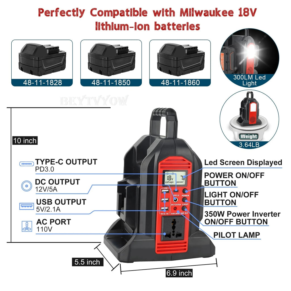 350W Power Inverter for Milwaukee 18V Li-ion Battery DC 20V to AC 110V ~230V 2-Port Supply Inverter Generators Converter Light