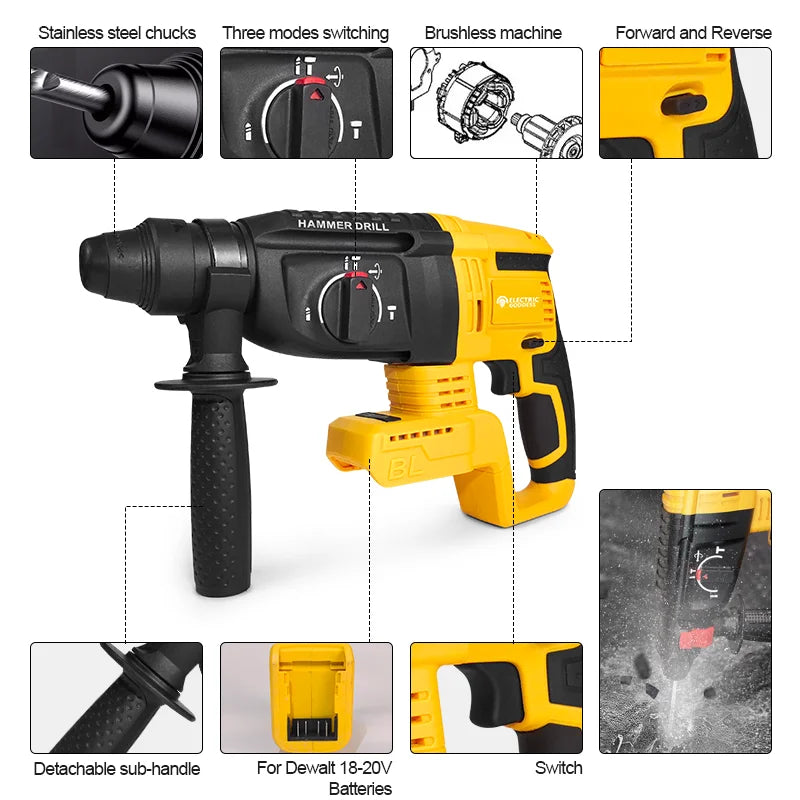 26mm Brushless Electric Hammer Cordless Multi-function Rotary Hammer Drill Four Modes Hammer Drill For Dewalt 20v Battery Pin