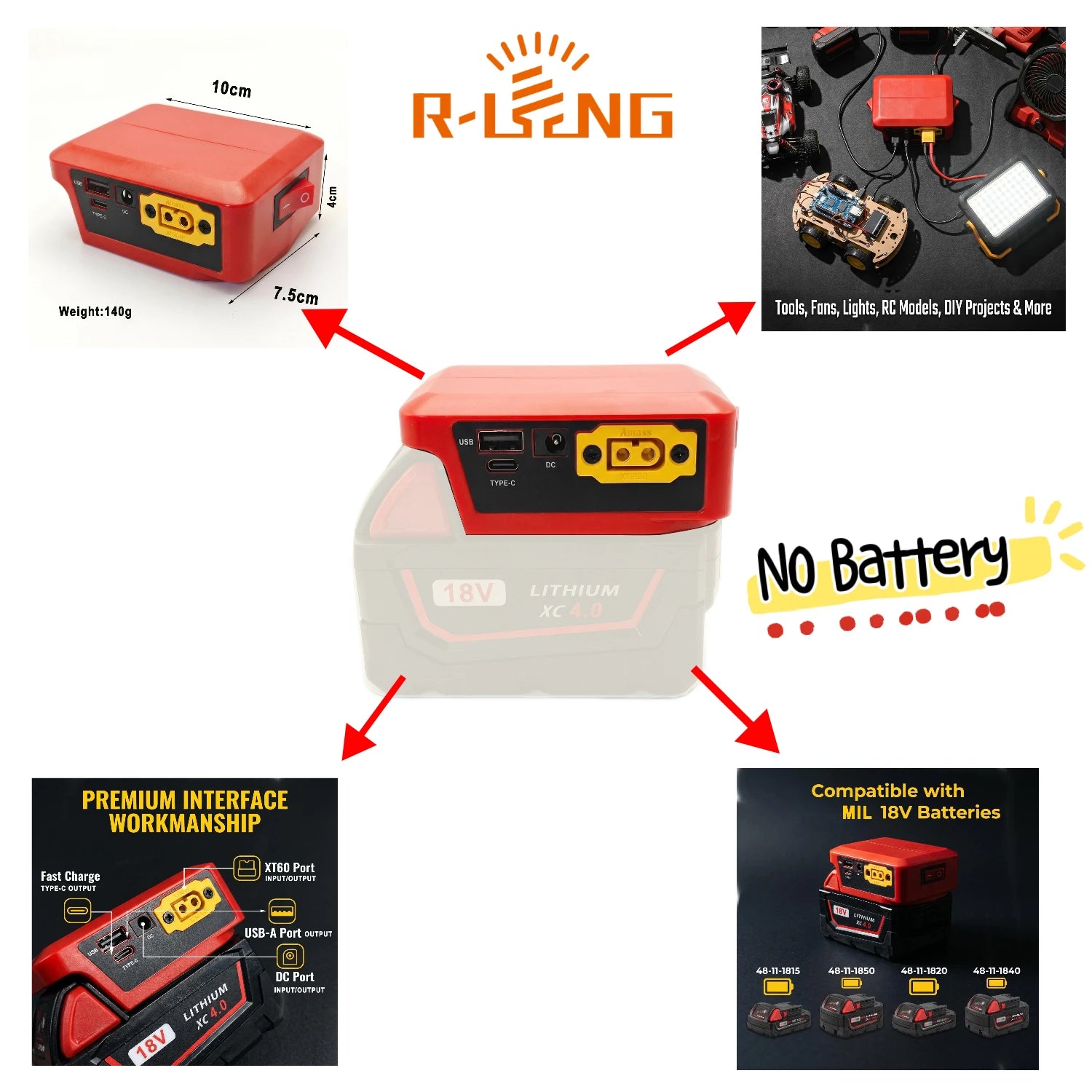 Power Bank for Milwaukee 18V Batteries, Dual Charging & 9-30V DC/XT60/USB-C with Digital Display,for Camping Outdoor(NO Battery)