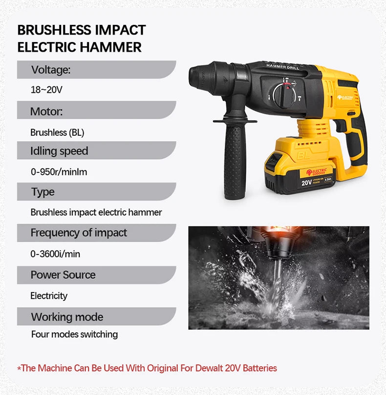 26mm Brushless Electric Hammer Cordless Multi-function Rotary Hammer Drill Four Modes Hammer Drill For Dewalt 20v Battery Pin