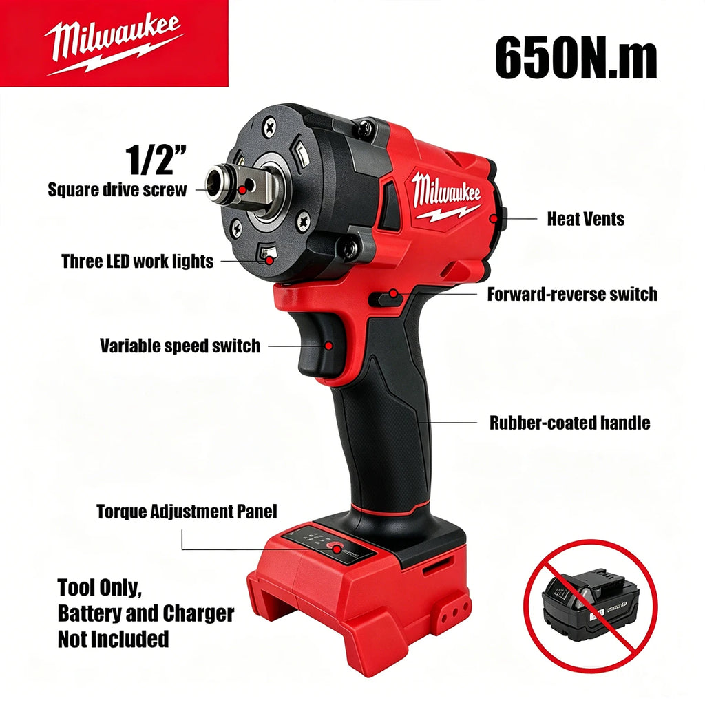 Milwaukee 1/2' M18 FUEL Brushless Cordless Impact Wrench 650N.m 3500RPM with 3 LED Lights Compact Torque Wrench Power Tool