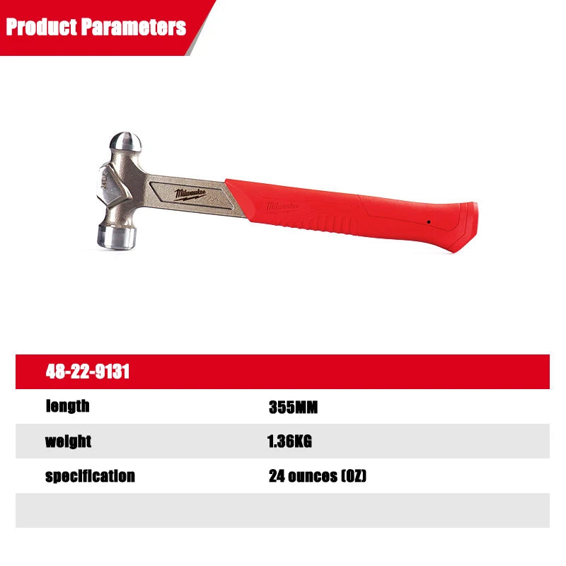 Milwaukee 16/24oz Steel Round Head Hammer, Impact Hammer Industrial Grade Anti-Slip Balance Design Durable 4932492346/4932492347
