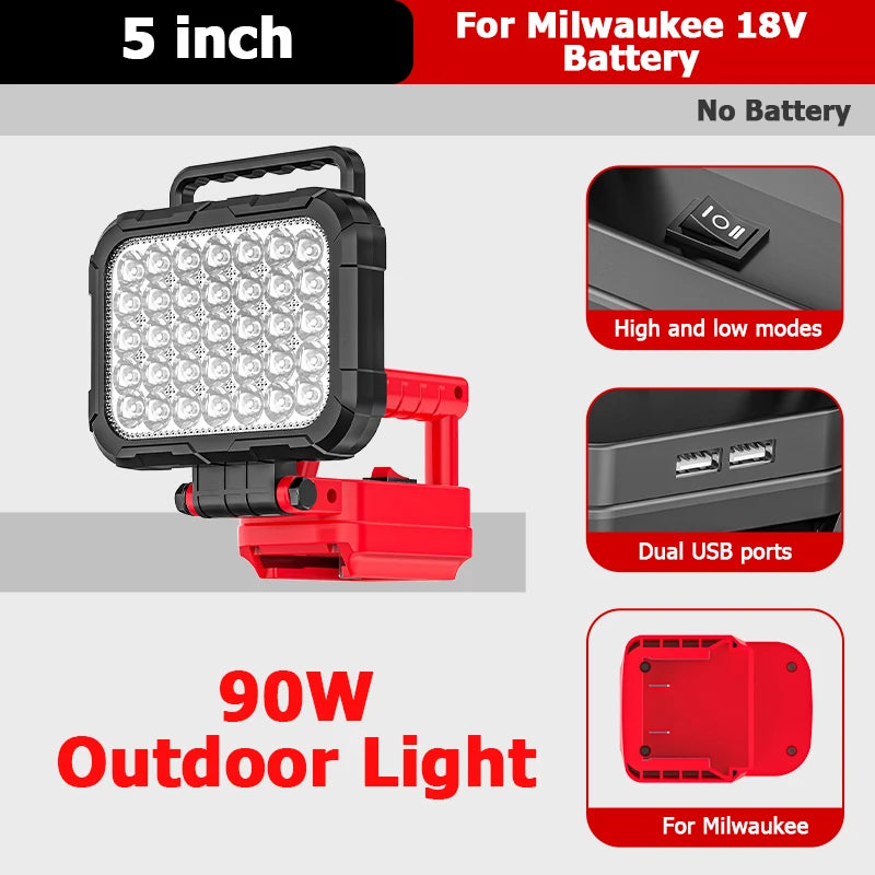 Led Light For Milwaukee Battery 18V Portable Spotlight Cordless Outdoor Work Fishing Handheld Emergency Tool Light No Battery