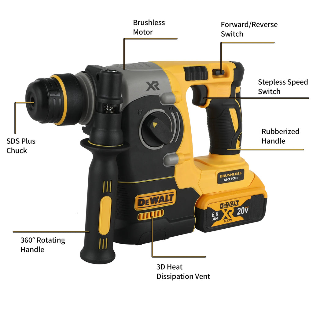 DEWALT DCH273 Brushless Rotary Hammer,20V 6.0Ah Battery2.1J Impact Energy,360°Handle–Efficient for Concrete,Brick&Stone Drilling