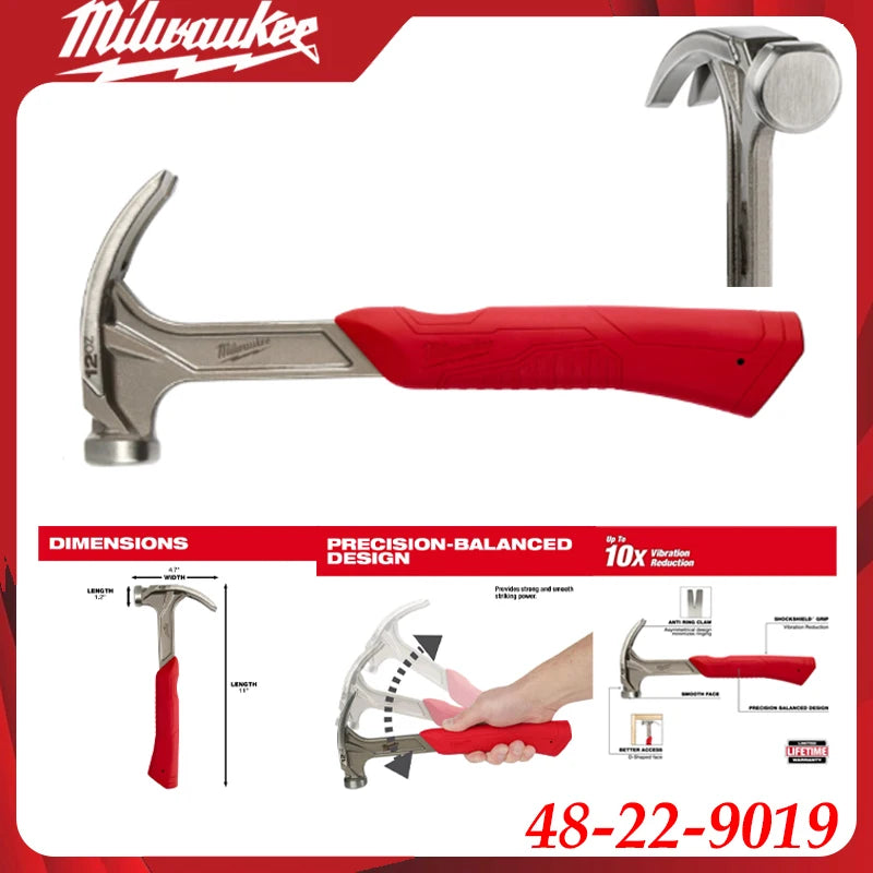 Milwaukee 48-22-9019 12oz Smooth Face Hybrid Claw Hammer Industrial Hand Tool Accessory