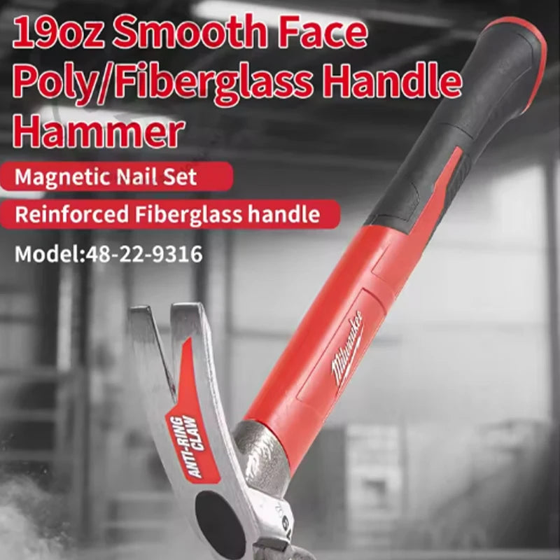 Milwaukee 19oz Fiberglass Handle Straight Claw Sheep Horn Hammer, Industrial Grade Integrated Tool Hammer 48-22-9316P