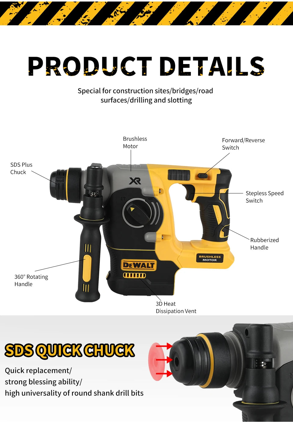 DEWALT DCH273 Brushless Rotary Hammer,20V 6.0Ah Battery2.1J Impact Energy,360°Handle–Efficient for Concrete,Brick&Stone Drilling