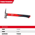 Milwaukee 19oz Fiberglass Handle Straight Claw Sheep Horn Hammer, Industrial Grade Integrated Tool Hammer 48-22-9316P