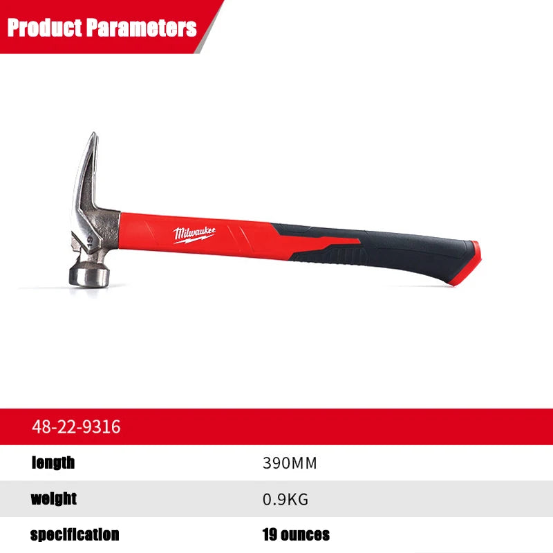 Milwaukee 19oz Fiberglass Handle Straight Claw Sheep Horn Hammer, Industrial Grade Integrated Tool Hammer 48-22-9316P