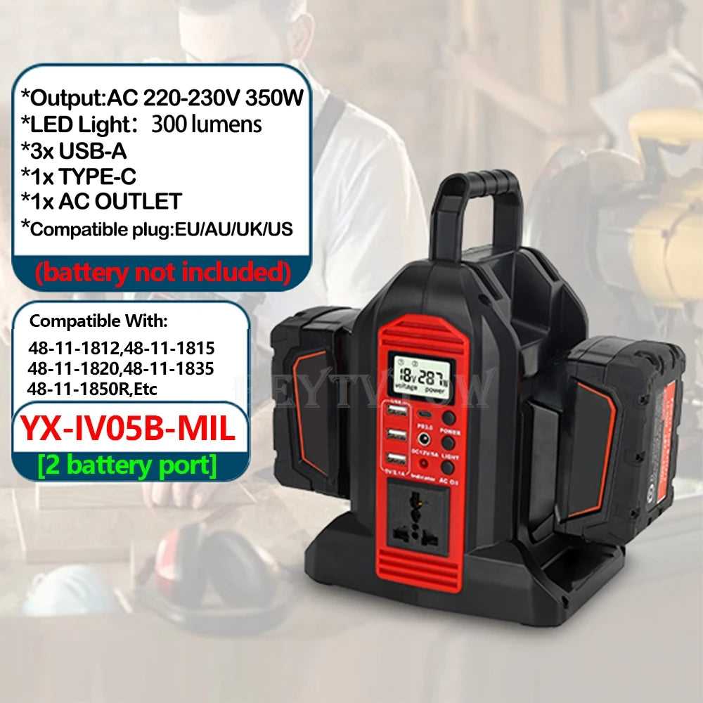 350W Power Inverter for Milwaukee 18V Li-ion Battery DC 20V to AC 110V ~230V 2-Port Supply Inverter Generators Converter Light