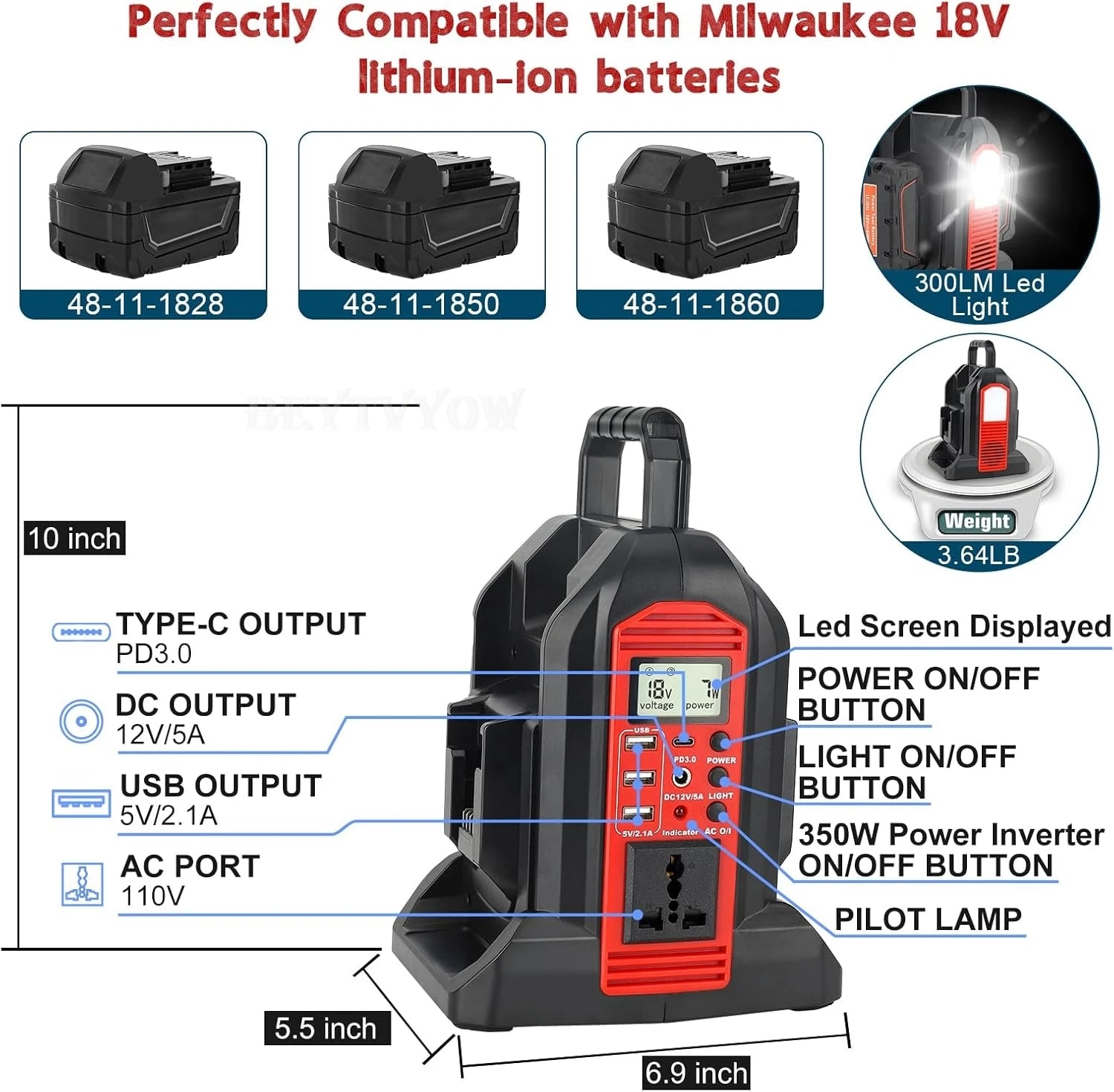 350W Power Inverter for Milwaukee 18V Li-ion Battery DC 20V to AC 110V ~230V 2-Port Supply Inverter Generators Converter Light