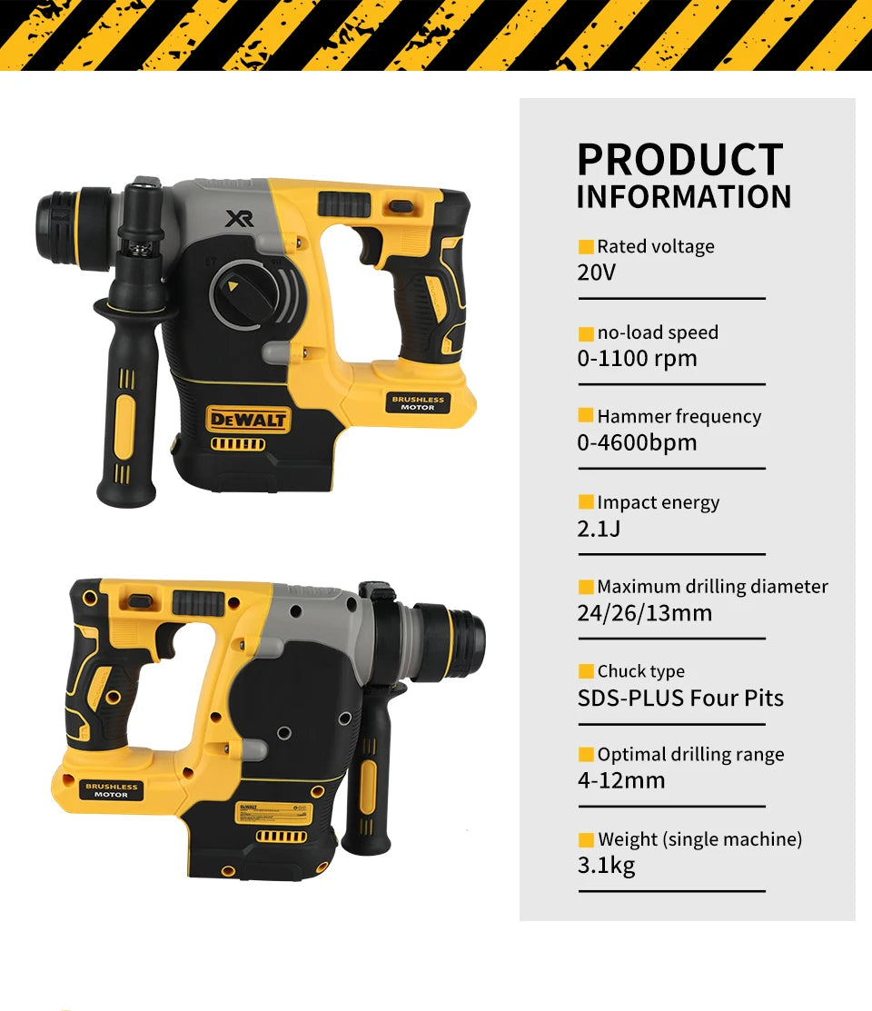 DEWALT DCH273 Brushless Rotary Hammer,20V 6.0Ah Battery2.1J Impact Energy,360°Handle–Efficient for Concrete,Brick&Stone Drilling