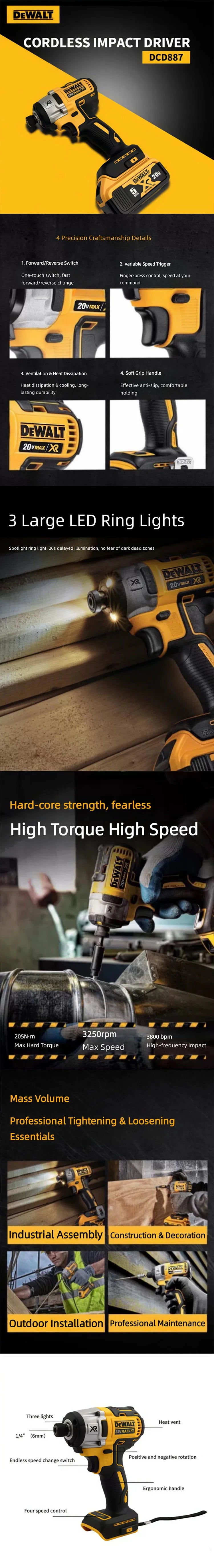 DEWALT DCD887 Compact Brushless Cordless Screwdriver 20V Battery with LED Light Wireless Electric Power Tool