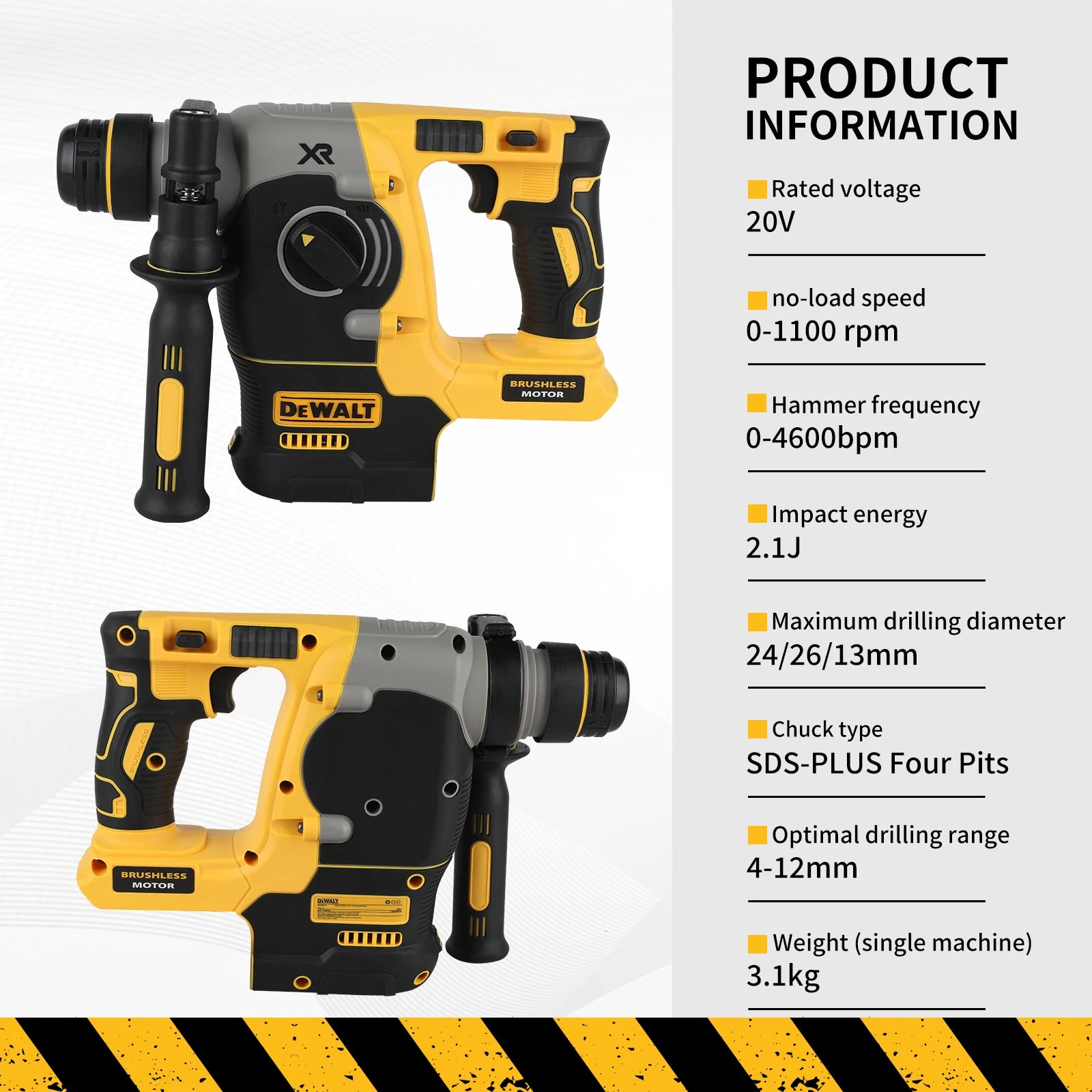 DEWALT DCH273 Brushless Rotary Hammer,20V 6.0Ah Battery2.1J Impact Energy,360°Handle–Efficient for Concrete,Brick&Stone Drilling