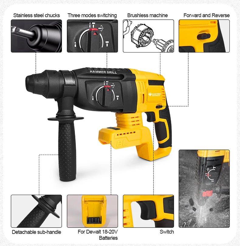 26mm Brushless Electric Hammer Cordless Multi-function Rotary Hammer Drill Four Modes Hammer Drill For Dewalt 20v Battery Pin