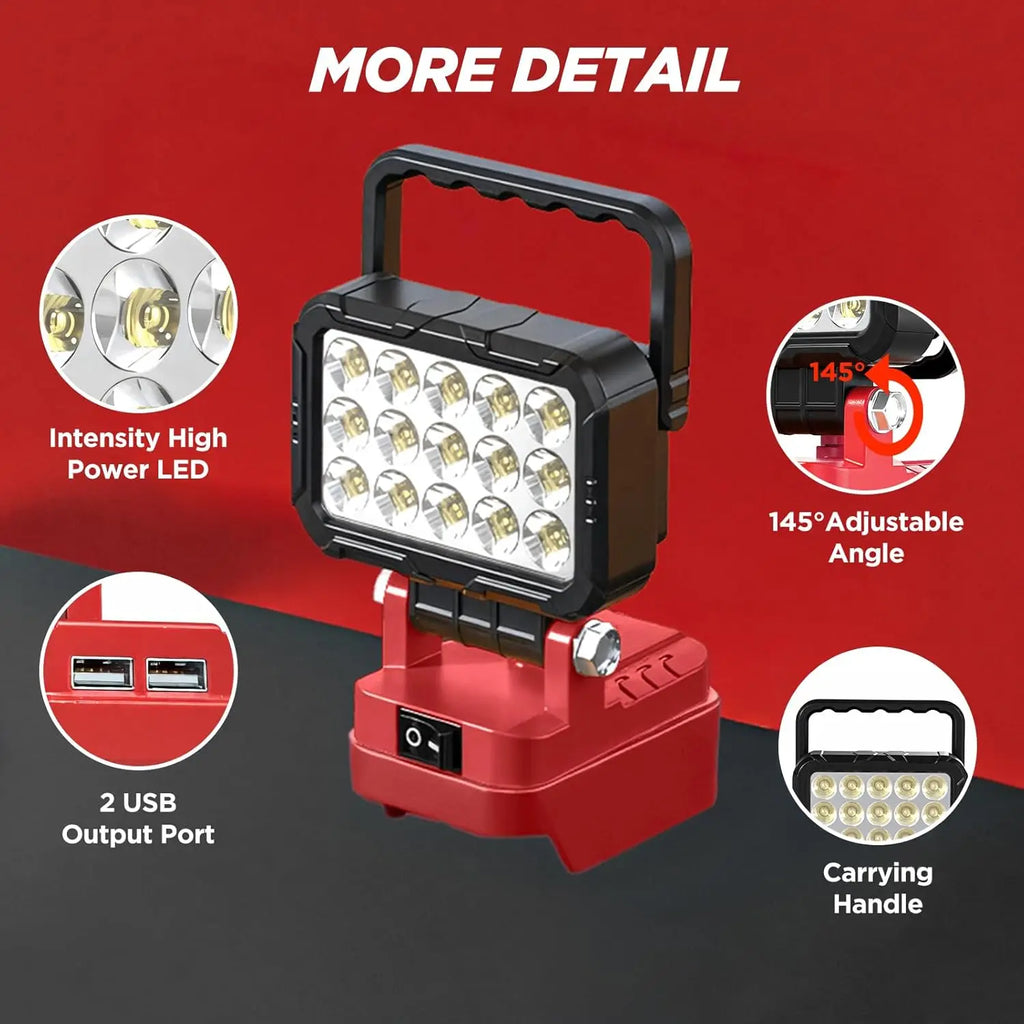 LED Work Light for Milwaukee  18V 40W 6000LM, 2 USB Ports, 145° Adjustable Cordless Flood Light (Battery NOT Included)