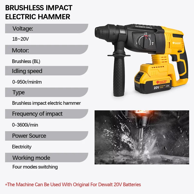 26mm Brushless Electric Hammer Cordless Multi-function Rotary Hammer Drill Four Modes Hammer Drill For Dewalt 20v Battery Pin