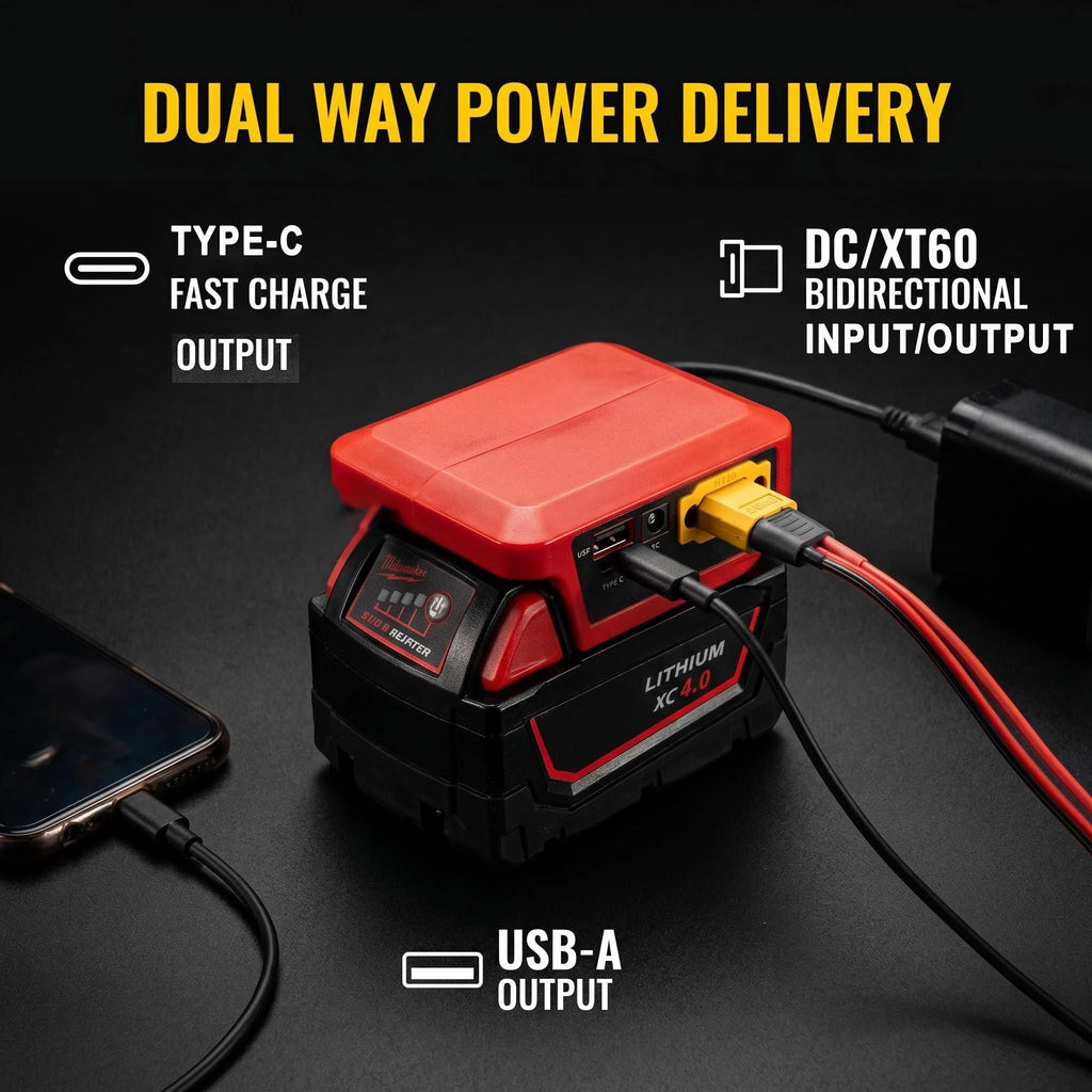 Power Bank for Milwaukee 18V Batteries, Dual Charging & 9-30V DC/XT60/USB-C with Digital Display,for Camping Outdoor(NO Battery)